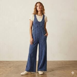 Daily Practice Anthropologie Palmra Jumpsuit Sz Medium Blue Wide Leg Boho Indie
